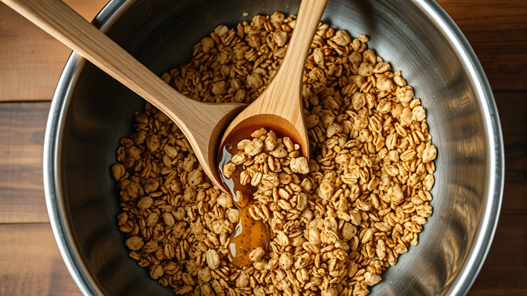 Overhead shot of granola being stirred in a large stainless steel mixing bowl with a wooden spoon, honey drizzle visible, warm kitchen lighting