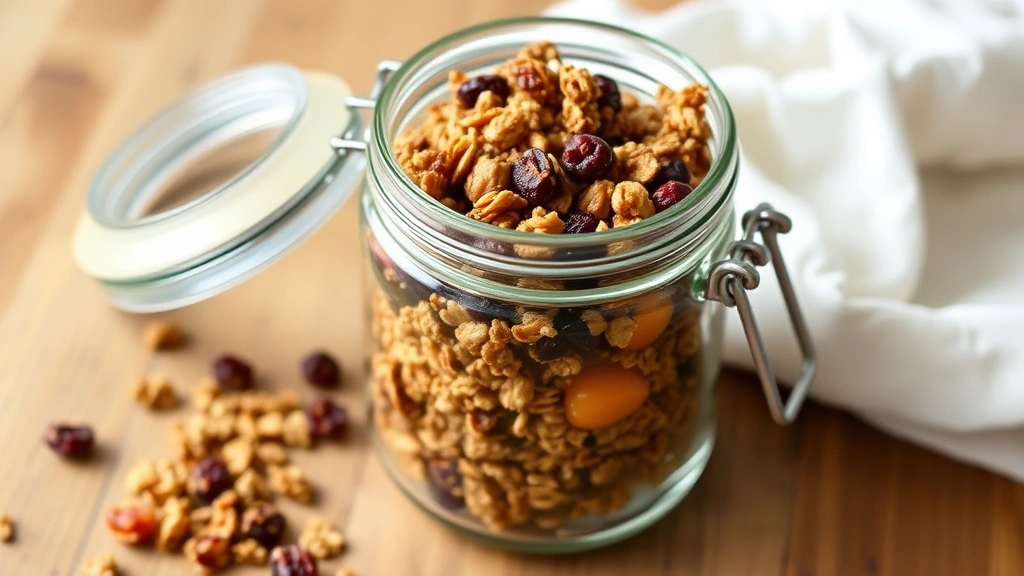 Finished homemade granola in a clear glass jar with dried cranberries and apricots visible, sitting on a wooden countertop next to a white cloth napkin