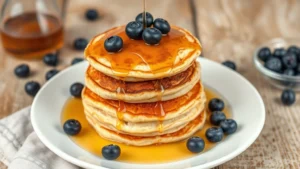 Golden-brown fluffy sourdough pancakes stacked on white plate with maple syrup drizzle and fresh blueberries scattered around, rustic wooden table background