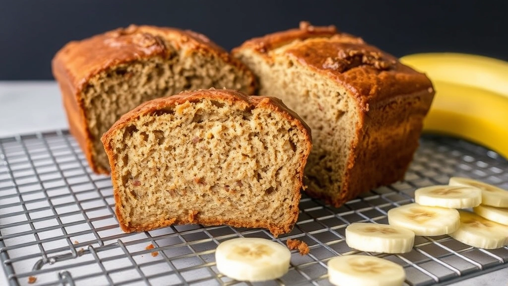 Freshly baked sourdough banana bread loaf with dark golden crust, sliced to show moist tender crumb, cooling on wire rack with scattered banana slices nearby