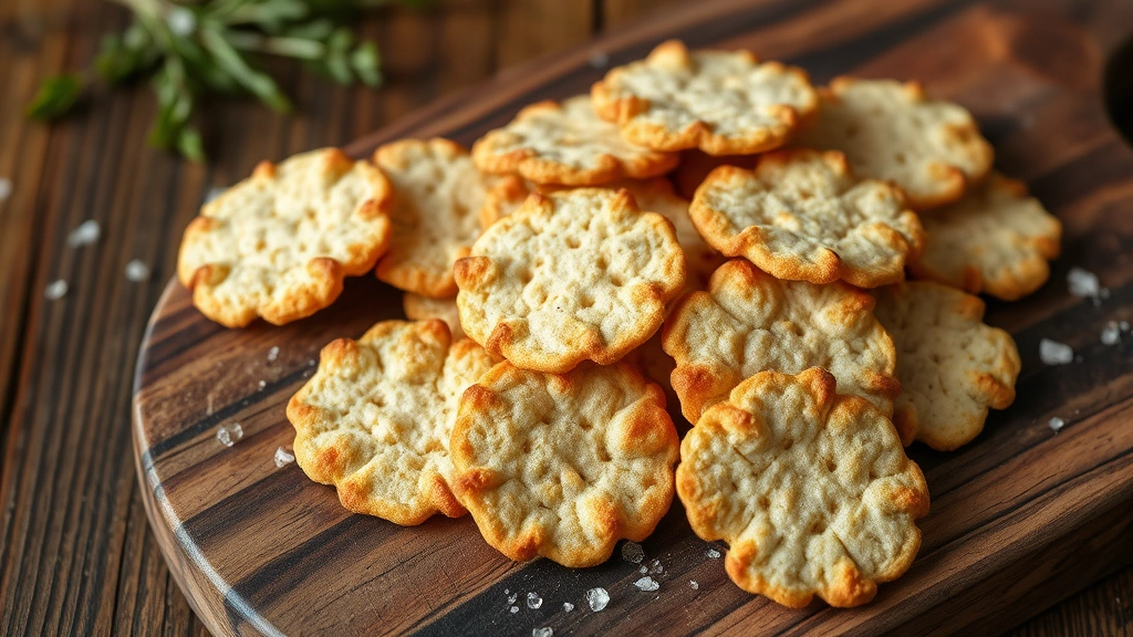 Homemade crispy sourdough crackers arranged on dark wooden board with herbs and sea salt visible, warm natural lighting highlighting texture and golden color