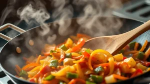 Vibrant stir-fry sizzling in a wok with colorful vegetables, steam rising, wooden spoon stirring, warm lighting, close-up perspective