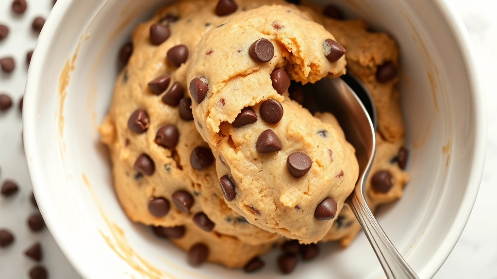 Overhead shot of finished edible cookie dough in a white ceramic bowl with mini chocolate chips visible throughout, spoon resting on the side