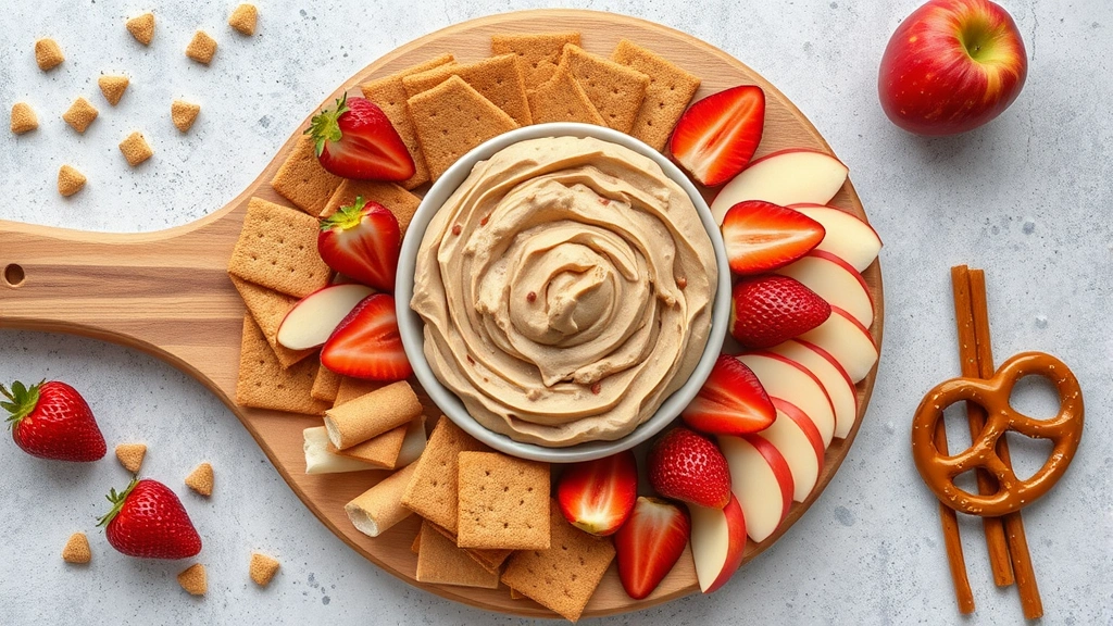 Beautiful flatlay of edible cookie dough served as a dip in the center of a wooden board surrounded by graham crackers, fresh strawberries, apple slices, and pretzel sticks