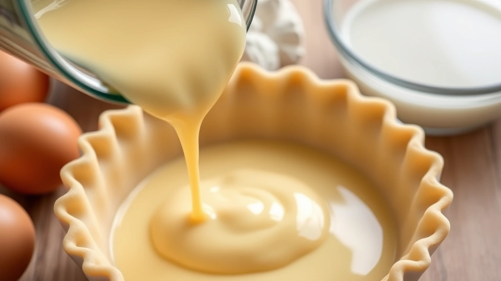 Close-up of creamy custard filling being poured into unbaked pie crust, silky smooth liquid texture, eggs and milk ingredients visible nearby, professional food photography