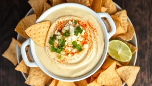 Overhead view of creamy elote dip in white serving bowl, garnished with crumbled white cotija cheese, fresh green cilantro, red chili powder dusting, lime wedge on side, surrounded by crispy tortilla chips