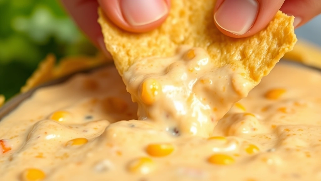 Close-up of hands dipping golden tortilla chip into smooth corn dip, showing creamy texture with visible corn kernels and cheese crumbles, bright natural daylight