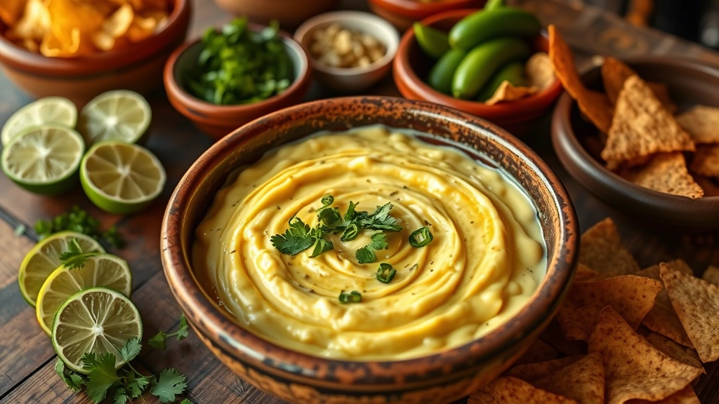 Finished elote dip in rustic ceramic bowl at Mexican-themed table setting, surrounded by fresh lime halves, cilantro sprigs, jalapeño slices, and various dipping chips, warm golden hour lighting