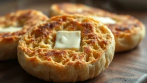 Close-up of perfectly golden-brown English muffins with visible nooks and crannies, split open with melting butter, steam rising, warm natural lighting, rustic wooden surface
