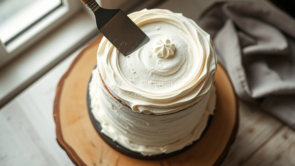 Overhead shot of a two-layer white cake being frosted with ermine frosting using an offset spatula, frosting swirled artistically on top, rustic wooden cake stand, soft morning light from window