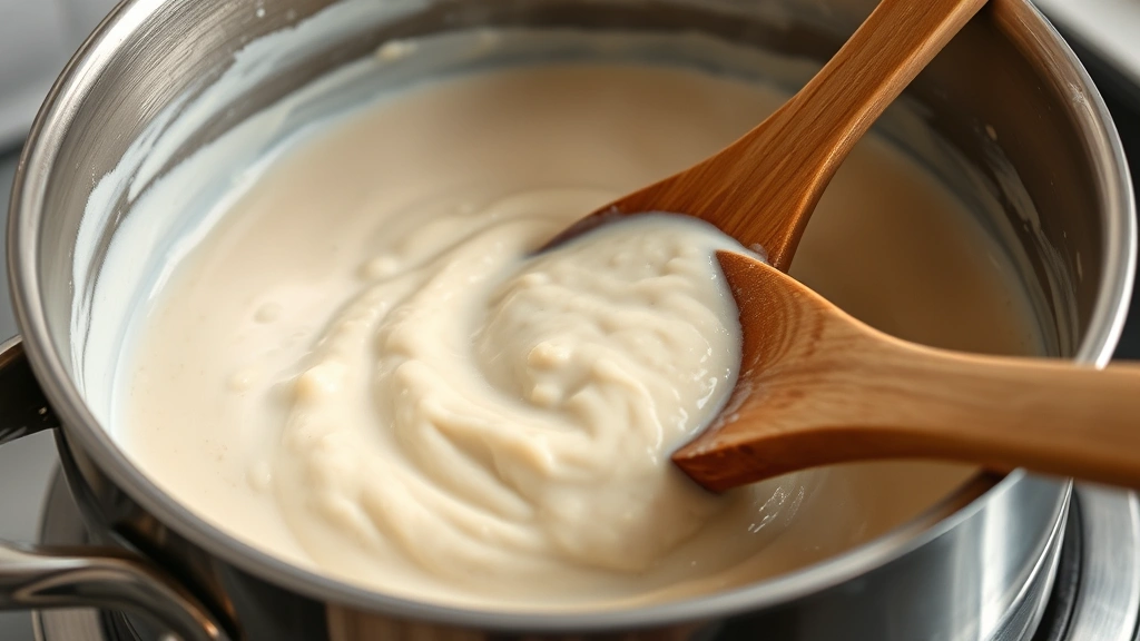 Detailed view of thick cooked flour-milk paste in saucepan with wooden spoon stirring, showing the pudding-like consistency at the moment it's ready, steam rising, stainless steel cookware