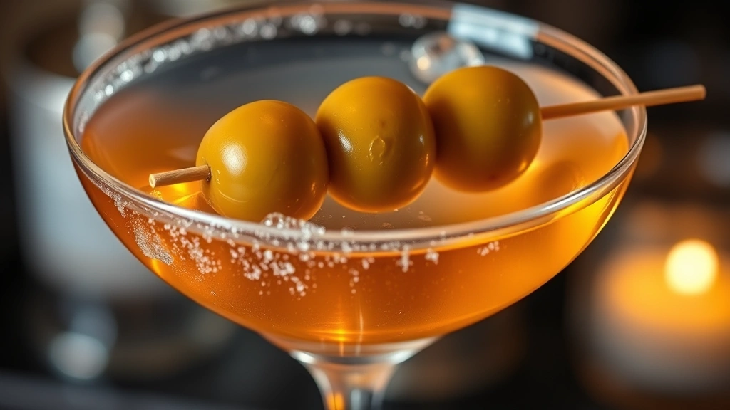 Close-up of a perfectly chilled extra dirty martini in a classic coupe glass with three briny green olives on a cocktail pick, condensation on the glass, warm golden gin visible, professional bar setting with soft lighting