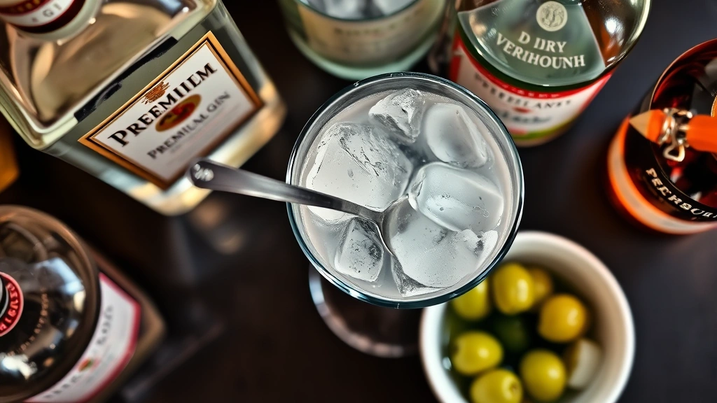 Overhead shot of a bartender's workstation showing a mixing glass filled with large ice cubes, a bar spoon stirring, bottles of premium gin and dry vermouth nearby, fresh green olives in a small bowl with brine