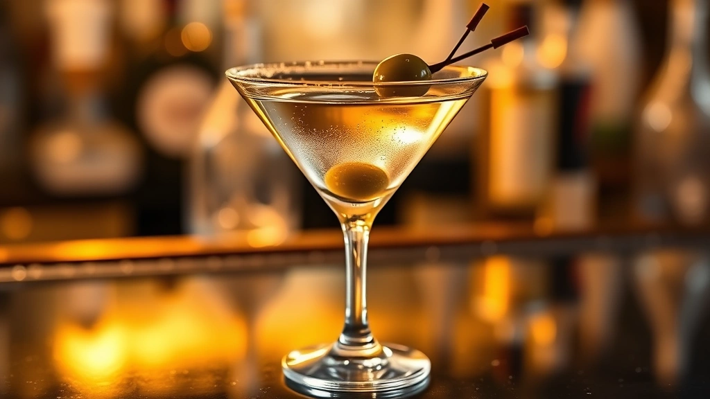 Finished extra dirty martini served in a V-shaped martini glass with olive garnish, professional bar background slightly blurred, golden hour lighting creating elegant shadows, droplets on the glass rim, sophisticated presentation