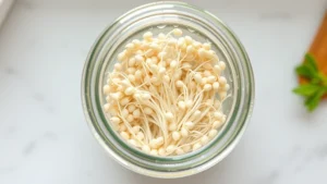 Overhead shot of sprouting jar with white grain sprouts visible through glass, filtered light, fresh water droplets on jar surface, clean white kitchen counter background, photorealistic detail of emerging germinated shoots