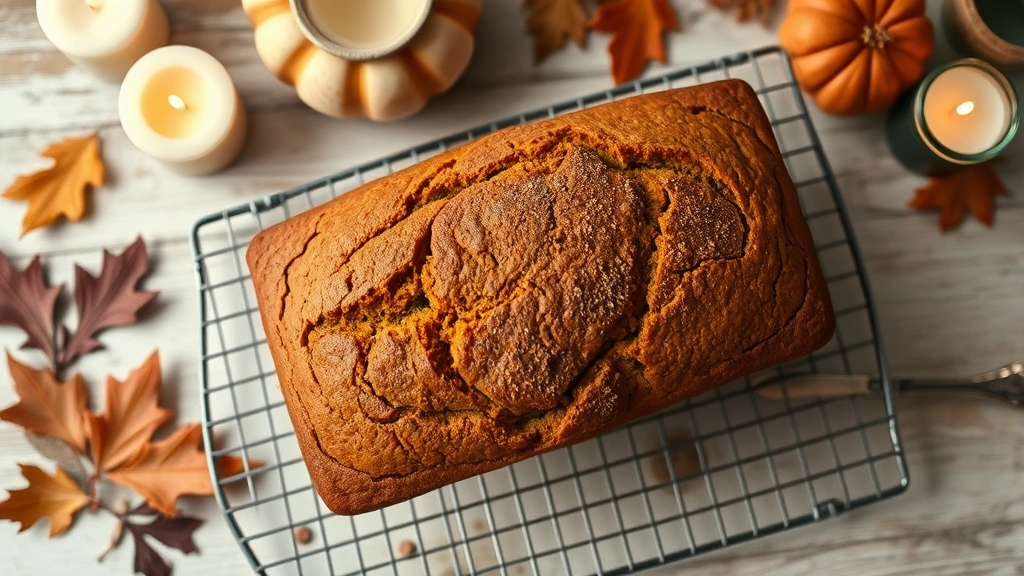 Overhead shot of freshly baked pumpkin bread loaf cooling on wire rack, cinnamon dusted top, autumn kitchen background with dried leaves and candles