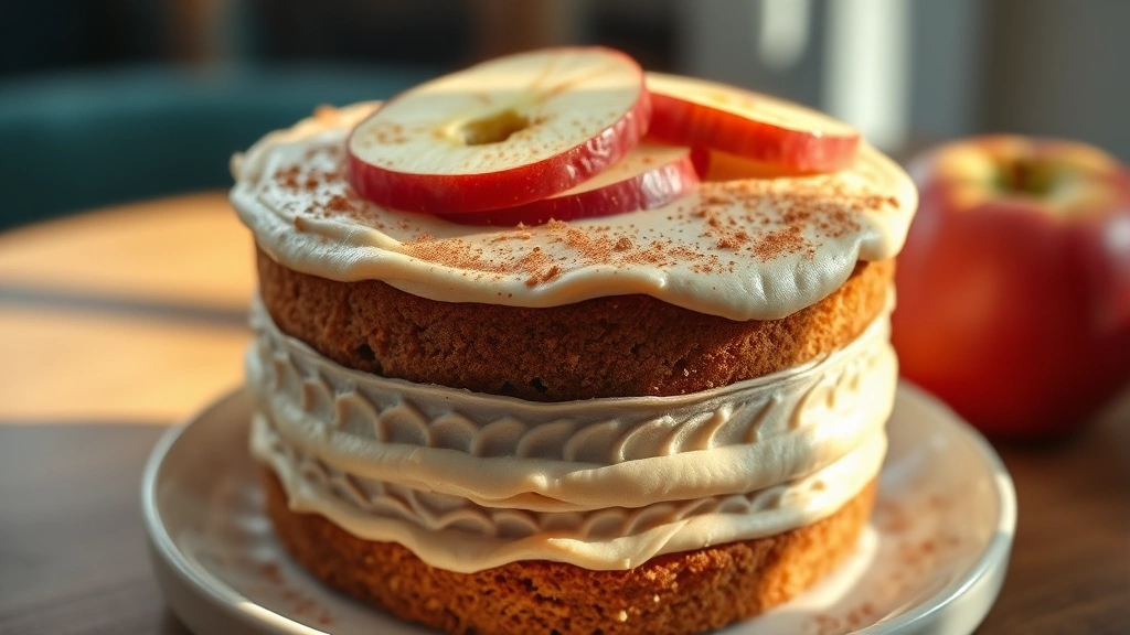 Close-up of layered spiced apple cake with thick cinnamon frosting, fresh apple slices arranged on top, warm afternoon light streaming across wooden surface