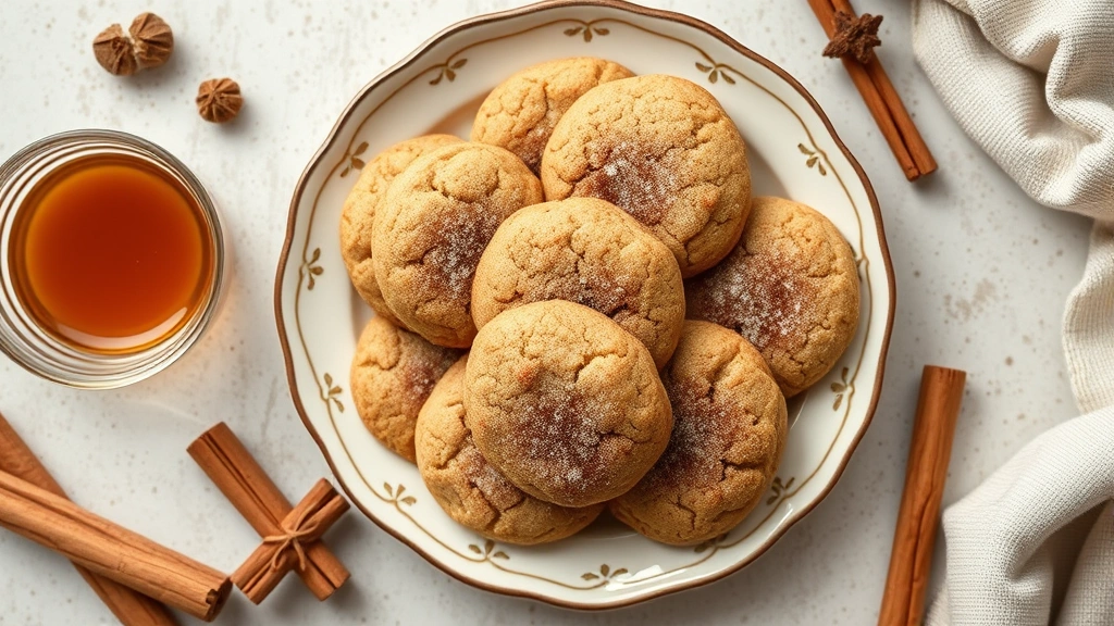 Flat lay of brown butter snickerdoodles arranged on vintage ceramic plate, cinnamon-sugar coating visible on cookies, surrounded by whole nutmeg, cinnamon sticks, and brown butter in glass bowl