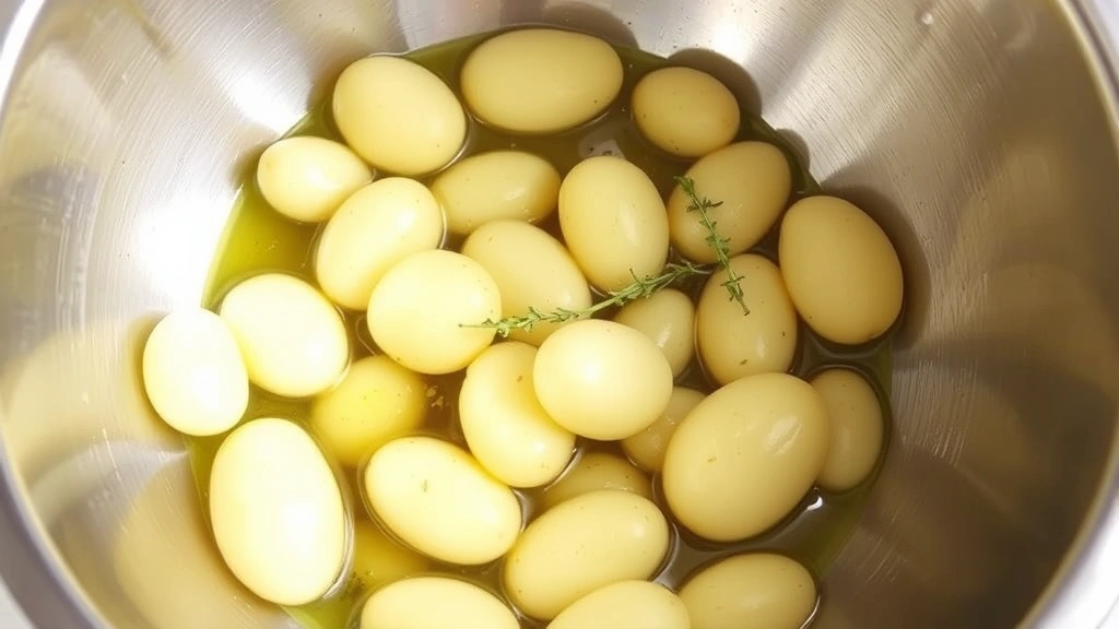 Raw fingerling potatoes being tossed in olive oil with minced garlic and fresh thyme in a stainless steel bowl, showing even coating and preparation stage