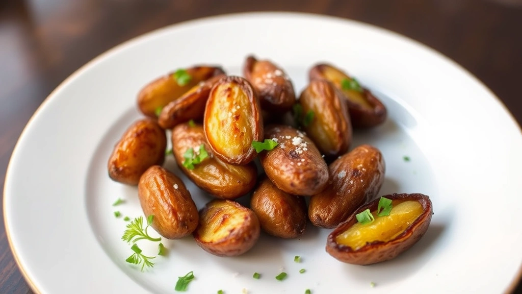 Finished crispy fingerling potatoes on a white ceramic plate garnished with fleur de sel and microgreens, showing deep caramelized color and textured surface, warm golden lighting