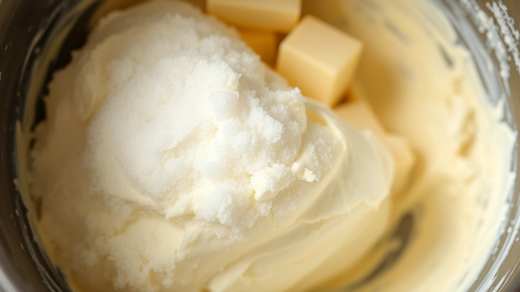 Close-up of creamed butter and sugar in a mixing bowl, pale fluffy texture with visible air bubbles, professional kitchen lighting