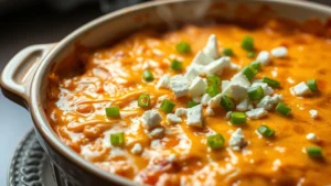 Creamy buffalo chicken dip bubbling in ceramic baking dish, golden melted cheese on top, garnished with fresh green onions and blue cheese crumbles, appetizing steam rising