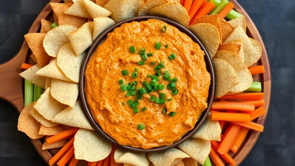 Overhead spread of buffalo chicken dip surrounded by tortilla chips, celery sticks, carrot strips, and blue corn chips on wooden serving platter, warm dip in center