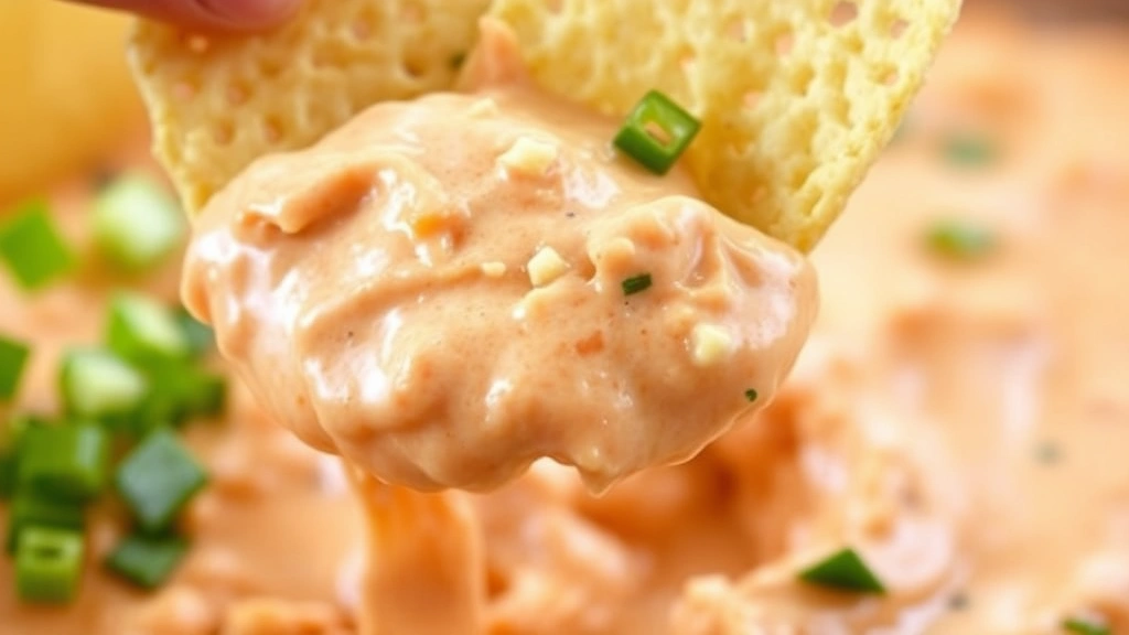 Close-up of buffalo chicken dip being scooped with tortilla chip, creamy sauce clinging to chip, showing texture and consistency, fresh garnish visible in background