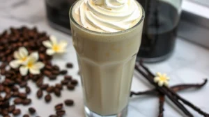 Close-up of a creamy vanilla frappuccino with whipped cream topping in a tall glass, ice crystals visible, surrounded by fresh coffee beans and vanilla pods on a marble counter
