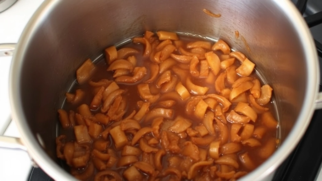 Golden-brown caramelized onions in a heavy-bottomed stainless steel pot, showing the deep mahogany color and glossy texture after 50 minutes of patient cooking over medium-low heat