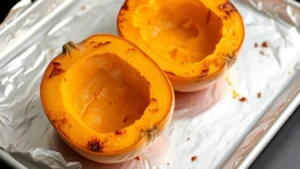 Freshly roasted sugar pumpkin halves with golden-orange flesh, cooling on a white baking sheet lined with foil, steam still visible rising from the tender pumpkin