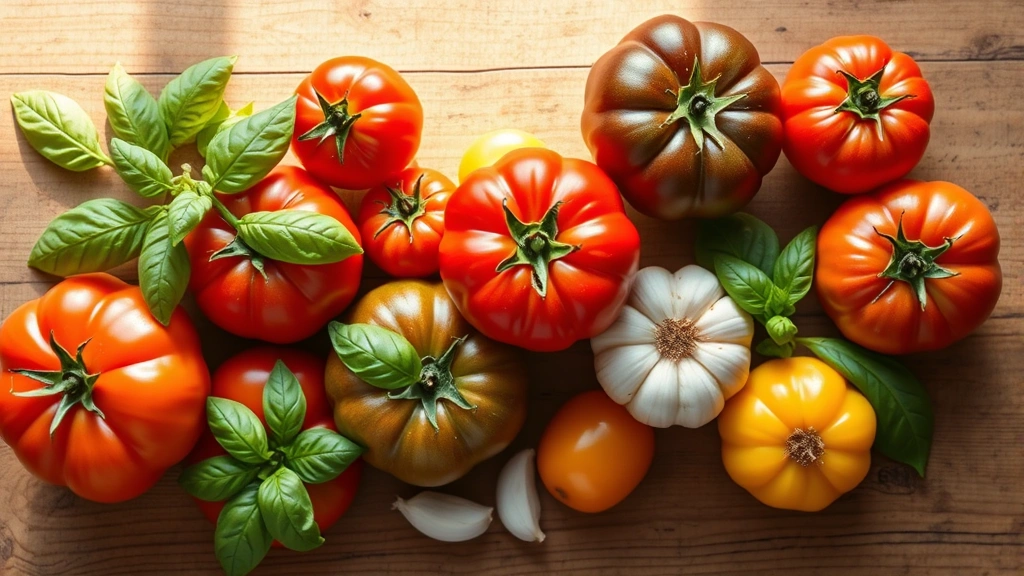 Overhead shot of ripe heirloom tomatoes in various colors arranged on rustic wooden surface with fresh basil leaves and garlic cloves, natural sunlight streaming across