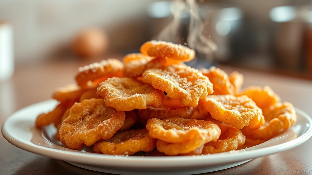 Golden-brown crispy fried dough pieces piled on white plate, steam rising, dusted with cinnamon sugar, warm kitchen lighting, shallow depth of field
