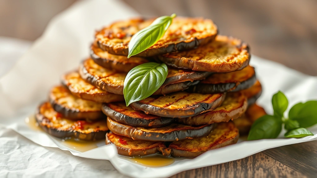 Golden-brown crispy fried eggplant slices stacked on white parchment paper with steam rising, dripping oil visible, fresh basil leaf garnish, shallow depth of field