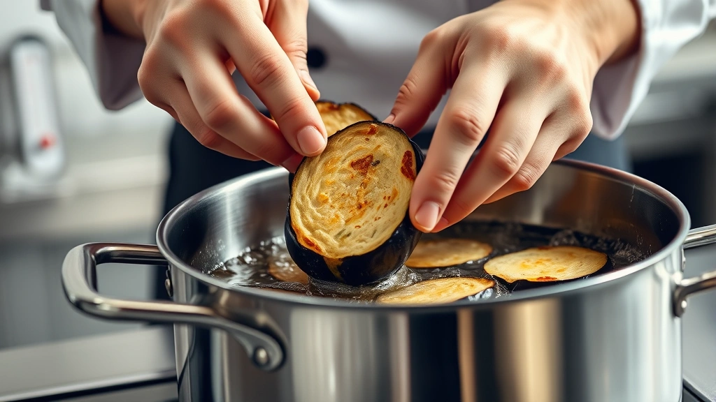 Professional chef's hands dipping breaded eggplant slice into bubbling golden oil in stainless steel pot, thermometer showing temperature, kitchen background blurred