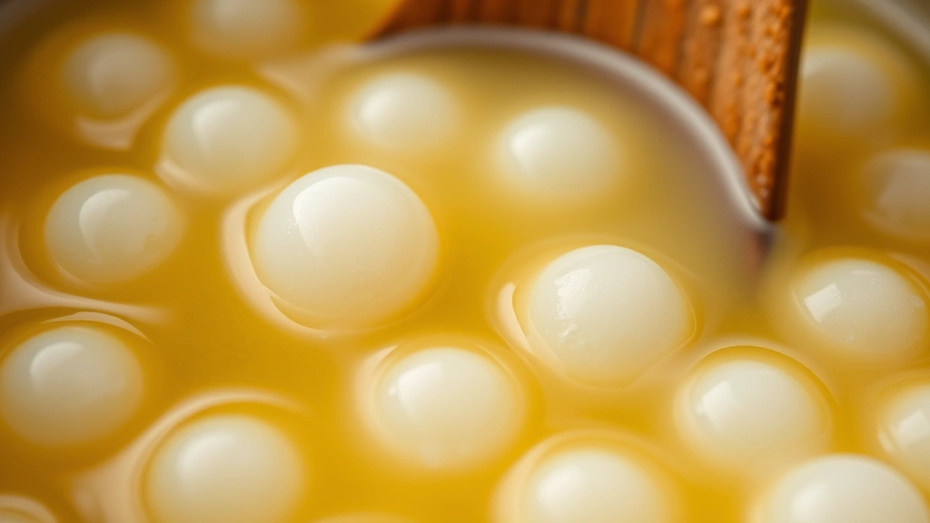 Close-up of cooked tapioca pearls in pineapple juice, translucent white spheres glistening in golden liquid, shallow depth of field, warm lighting, wooden spoon stirring mixture
