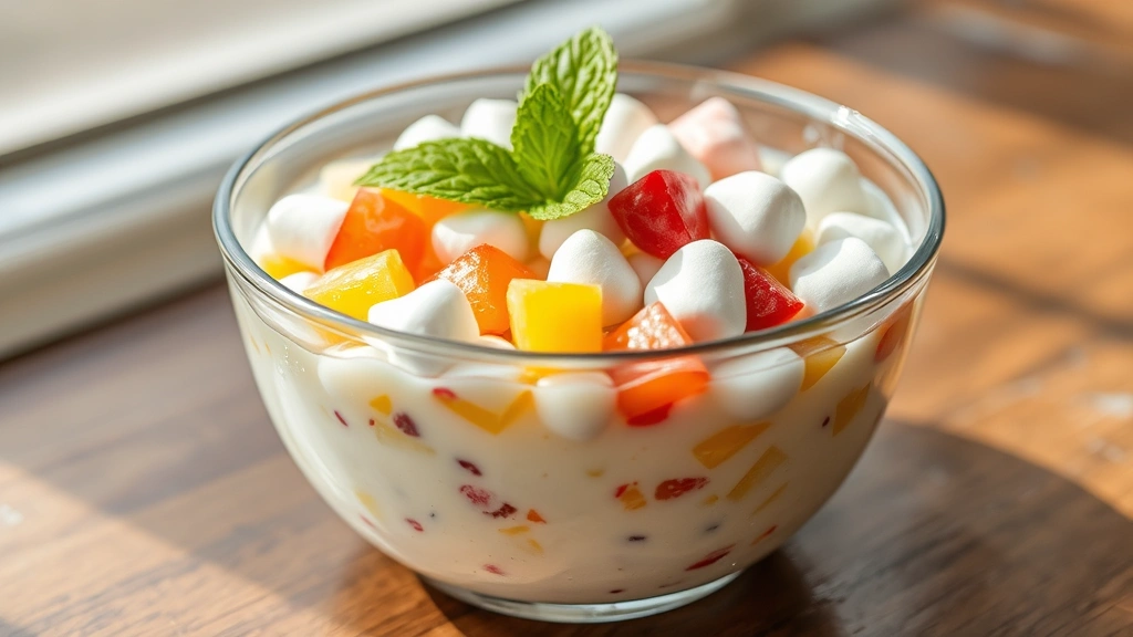 Finished frog eye salad in a clear glass bowl showing layers of creamy mixture with visible tapioca pearls, marshmallows, and colorful fruit pieces, natural daylight, garnished with mint leaf, refrigerated condensation on glass