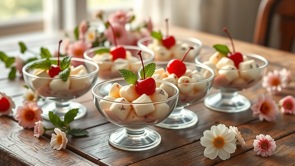 Vintage-style dessert presentation with individual glass bowls of frog eye salad, each topped with a maraschino cherry and mint sprig, arranged on a rustic wooden table with fresh flowers, soft afternoon lighting, retro aesthetic