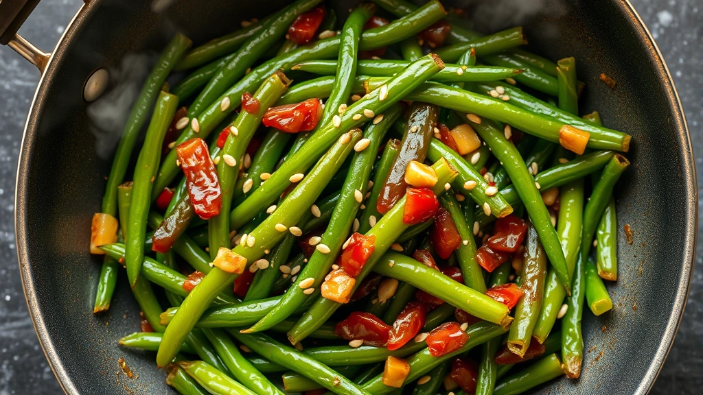 Overhead shot of a vibrant wok filled with glossy, caramelized frozen green beans tossed with minced garlic and ginger, steam rising from the pan, sesame seeds scattered on top, professional food photography