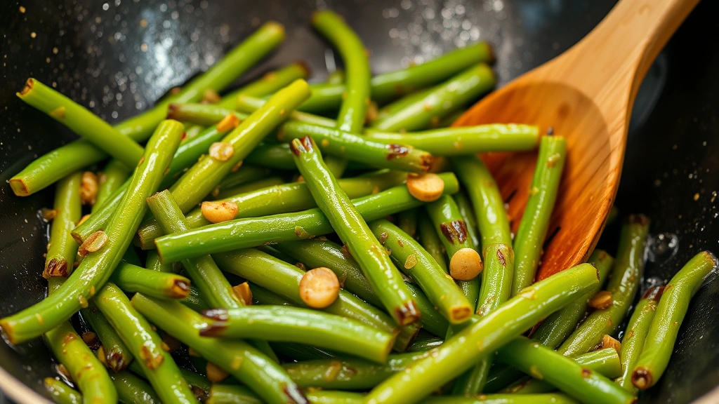 Close-up of frozen green beans being stir-fried in a wok with visible browning and char marks on the beans, oil glistening, wooden utensil in motion, bright kitchen lighting