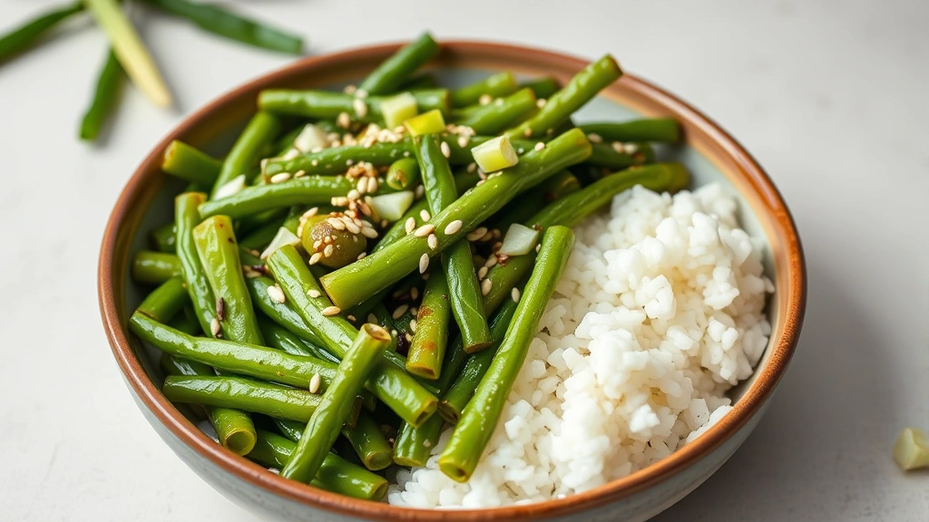 Finished plated frozen green bean stir-fry garnished with white and black sesame seeds and sliced green onions, served alongside steamed white rice in a ceramic bowl, minimalist food styling
