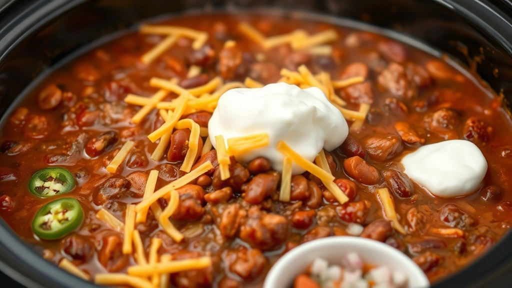 Close-up of slow cooker filled with rich, hearty chili topped with shredded cheese and sour cream, steam rising, surrounded by toppings in small bowls including jalapeños and onions