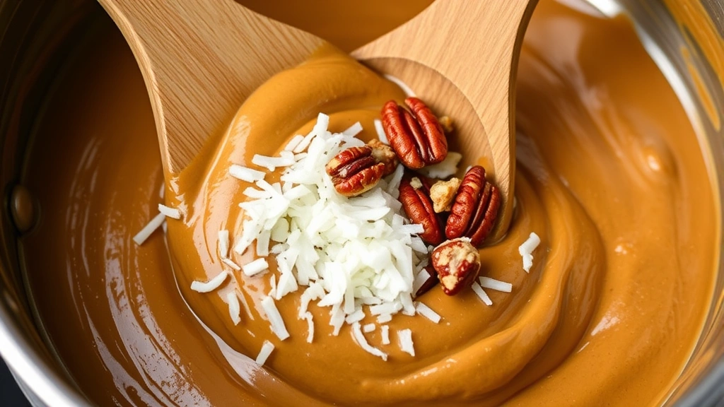 Close-up of wooden spoon stirring thick caramel-colored frosting in saucepan, with visible pecans and shredded coconut being folded into mixture