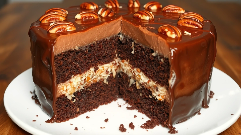 Finished German chocolate cake with generous layer of thick, glossy frosting between three chocolate cake layers, showing pecans and coconut texture, slice removed to display interior