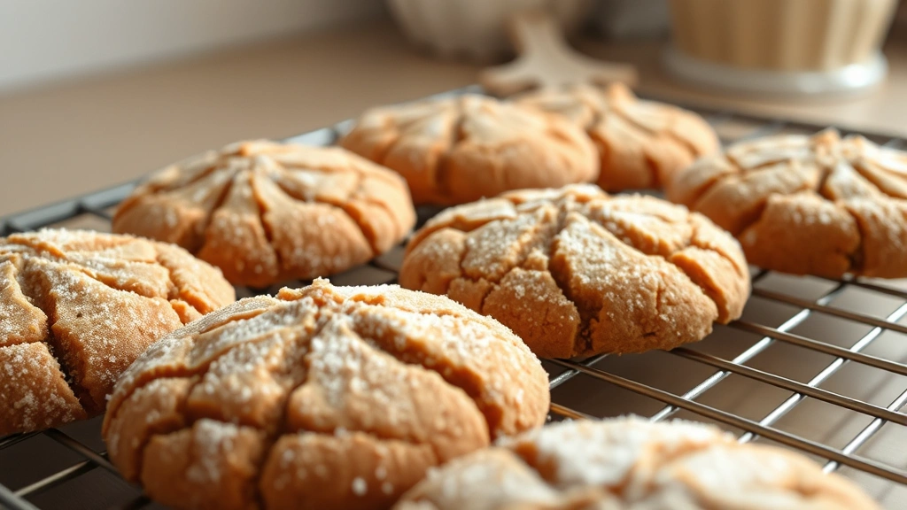 Close-up of warm ginger cookies with crinkled, sugared tops cooling on a wire rack, steam rising, golden-brown color, cozy kitchen setting with soft natural lighting