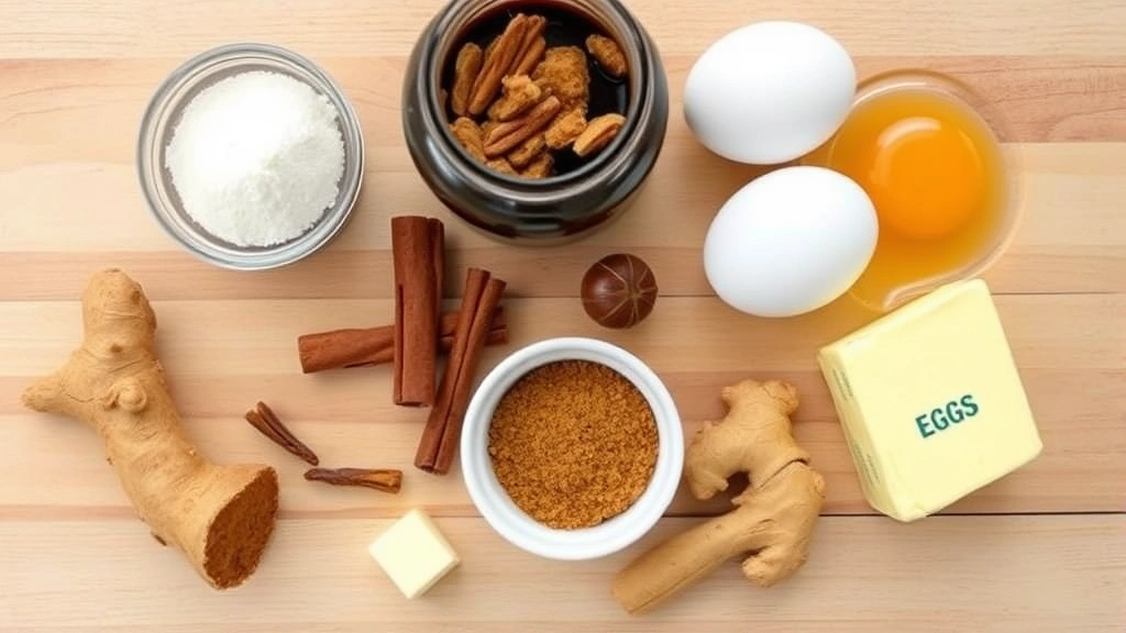 Overhead shot of ingredients arranged on a wooden surface: molasses jar, brown sugar, ground ginger in a small bowl, cinnamon, cloves, whole nutmeg, fresh ginger root, eggs, and softened butter