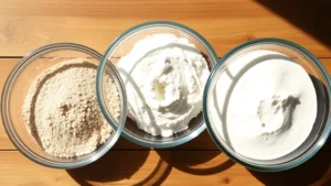 Close-up of three different gluten-free flour types in separate glass bowls showing varying colors from light brown to white to cream, arranged on a wooden surface with natural sunlight casting soft shadows