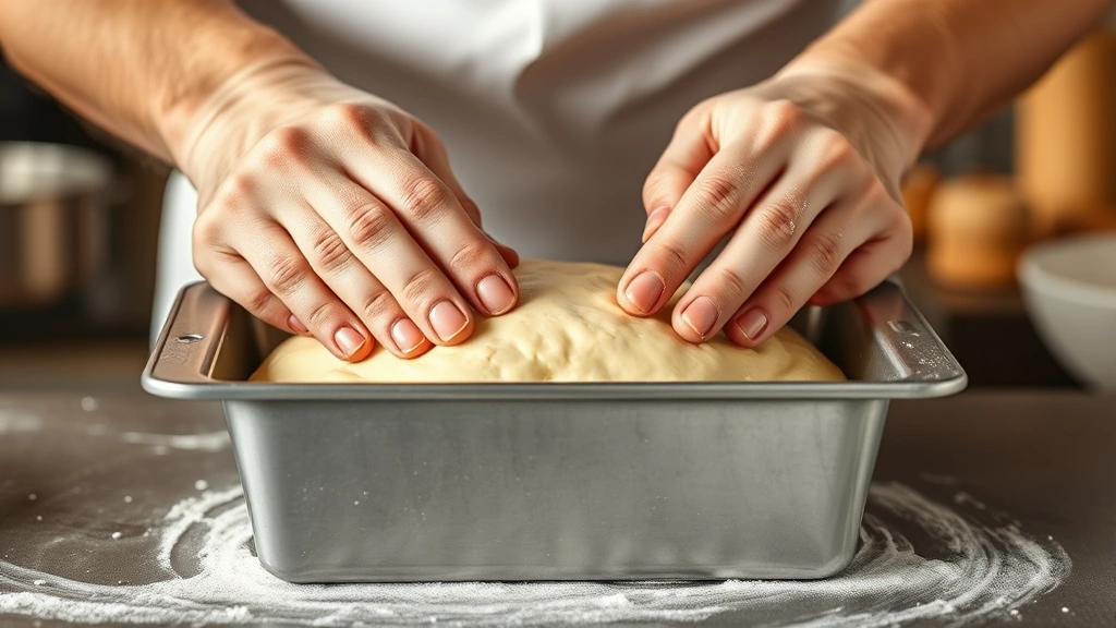 Professional baker's hands shaping wet gluten-free dough in a greased loaf pan, fingers smoothing the top surface, warm kitchen lighting in background