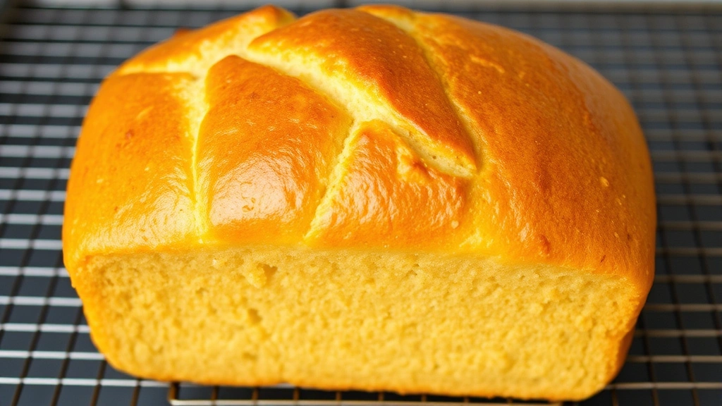 Golden-brown baked gluten-free bread loaf cooling on a wire rack, steam rising slightly, showing perfect golden crust and professional bakery-style appearance