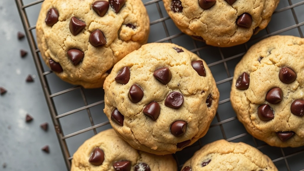 Overhead shot of freshly baked gluten-free chocolate chip cookies cooling on a wire rack with melted chocolate chips visible, warm golden-brown edges, soft lighting highlighting cookie texture